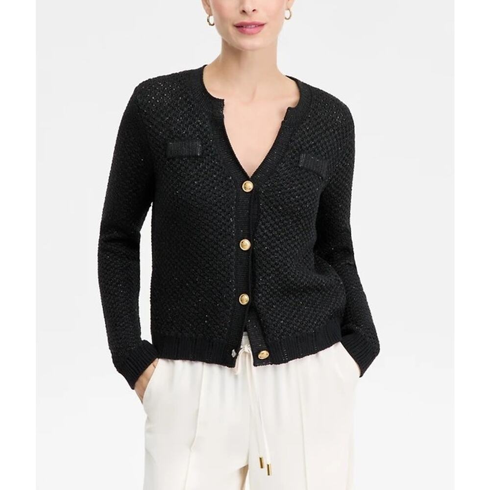 INC International Concepts Women's Buttons Cardigan Black Lurex Size XS